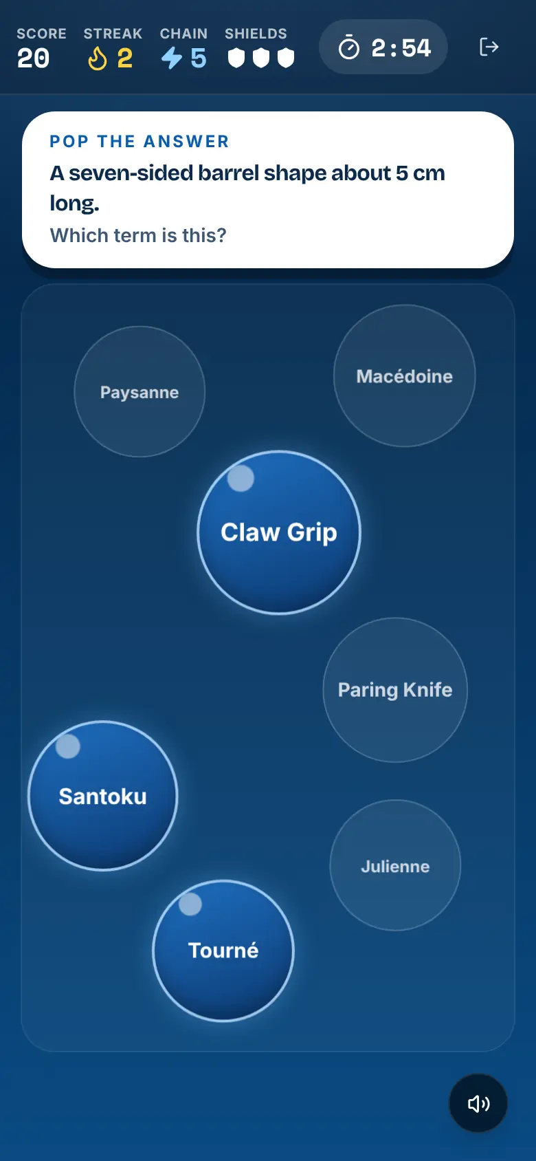 Chain Reaction on a phone: a definition to answer and term bubbles drifting in the dark, with a chain of 5 in the header.