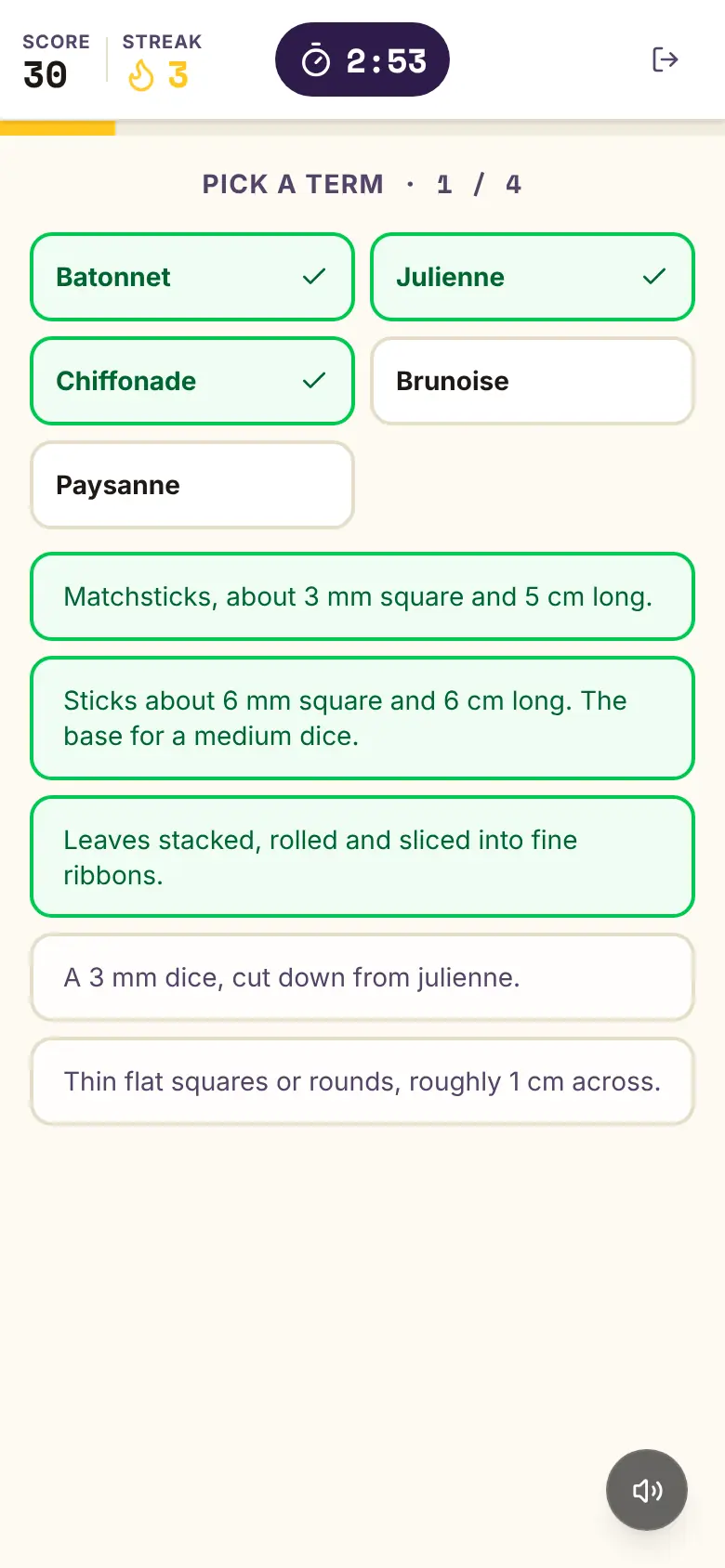 Match Pairs on a phone: five terms above five definitions, three pairs already matched and ticked green.