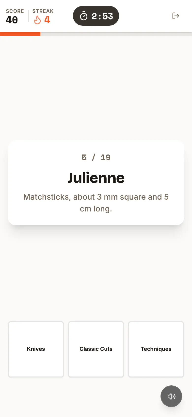 Speed Sort on a phone: the term Julienne with its definition on a card, three category tiles below, a score of 40 and a streak of 4.