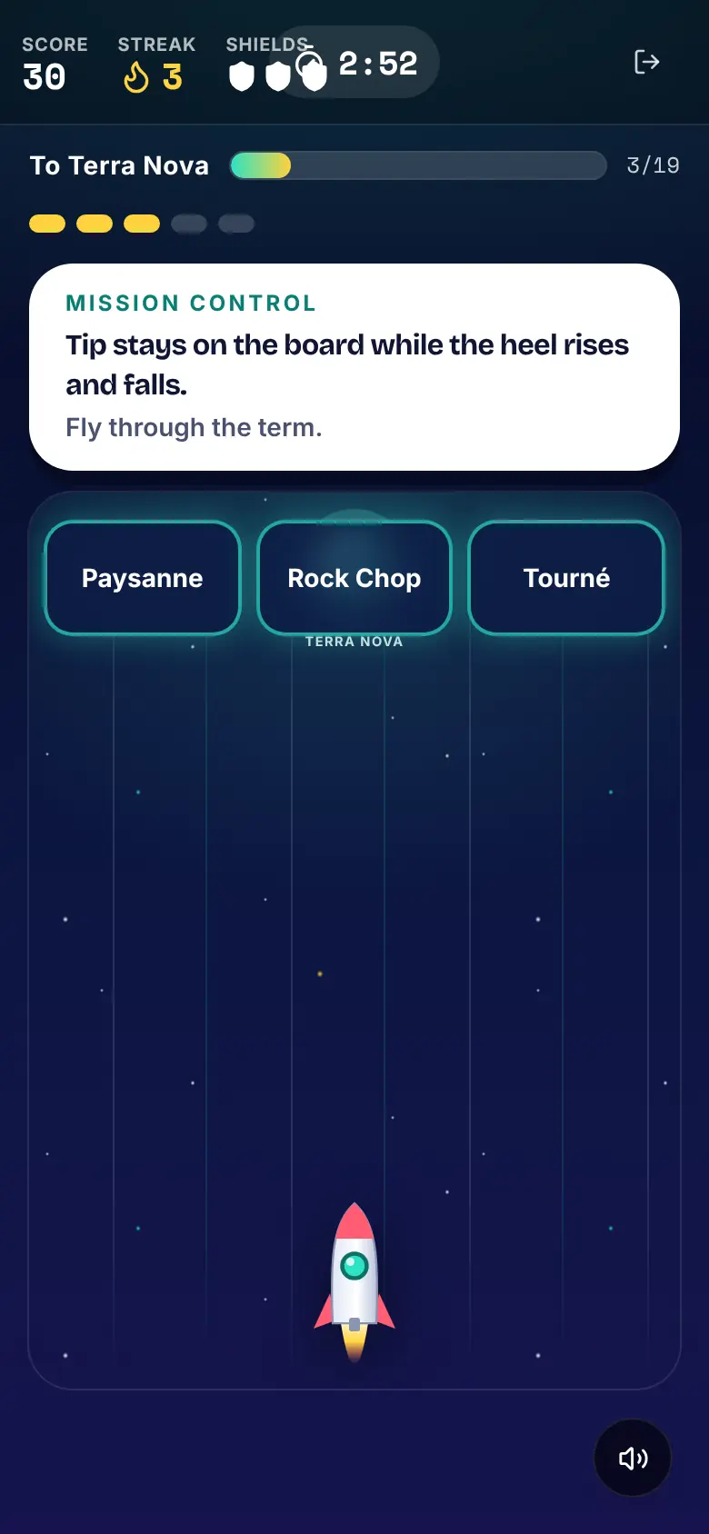 Word Rocket on a phone: Mission Control shows a definition, three gates hold terms, and the rocket flies up through the stars towards Terra Nova.